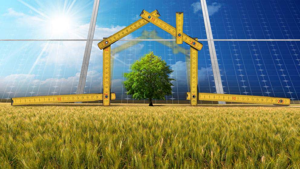 Large green tree in a wheat field. It is framed by a carpenter ruler which is configured to the shape of the outline of a home. There is a blue sky in the background with a few clouds and a bright sun.