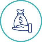 A graphic icon of a hand holding a bag of money
