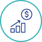 A graphic icon of rising bar graph columns with an arrow pointing to a dollar sign